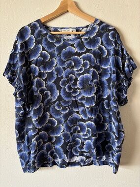 Masai Copenhagen Blue Viscose Ginkgo Leaf Ruffle Sleeve Blouse size medium